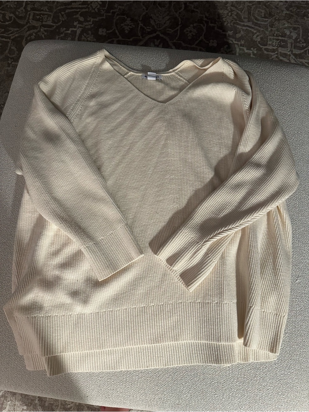 Athleta Cream Ribbed V-Neck Sweater